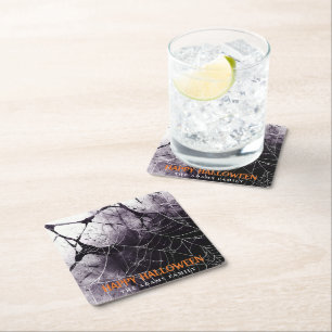 Scary Spider Web Happy Halloween Custom Name Square Paper Coaster