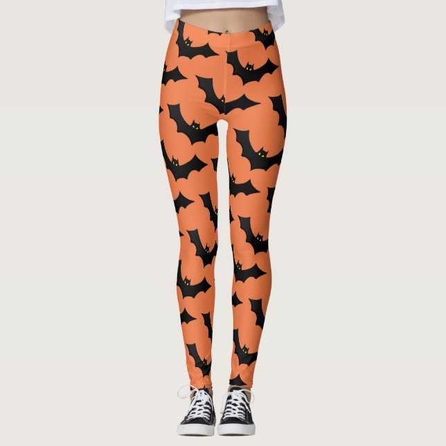 Scary Spooky Halloween Bat Pattern Black Orange Leggings (Front)