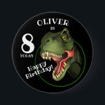 Scary T-Rex Dinosaur Kids Age 7.5 Cm Round Badge<br><div class="desc">Is this scary Tyrannosaurus isn't looking for supper,  he really is trying hard to be
friendly,  and wants to wish a special child a very HAPPY BIRTHDAY!
Customise the child's name and age.</div>