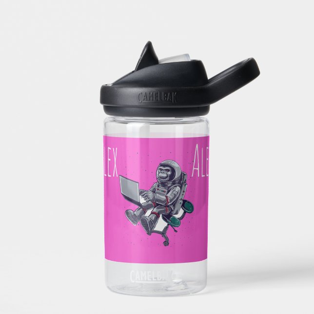 Scary Tech Monkey Chimp Hot Pink Custom Name Water Bottle (Left)