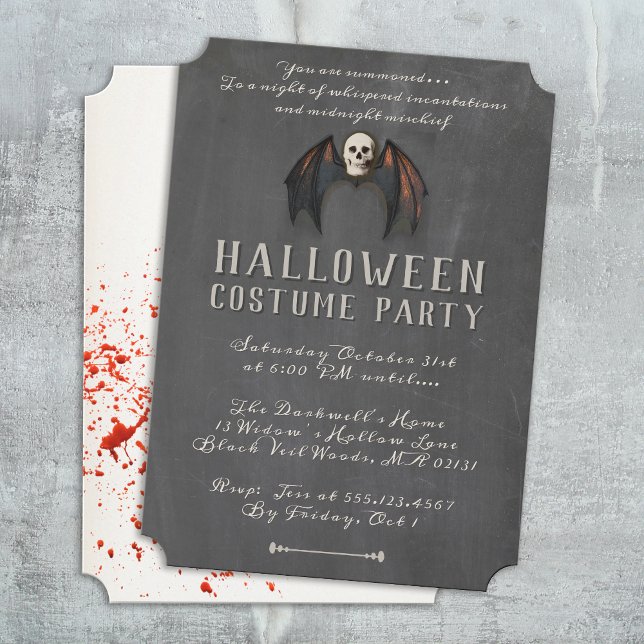 Scary Vampire Bat Wings Skull Halloween Party  Invitation (vintage scary skull with bat weeks halloween invitation )