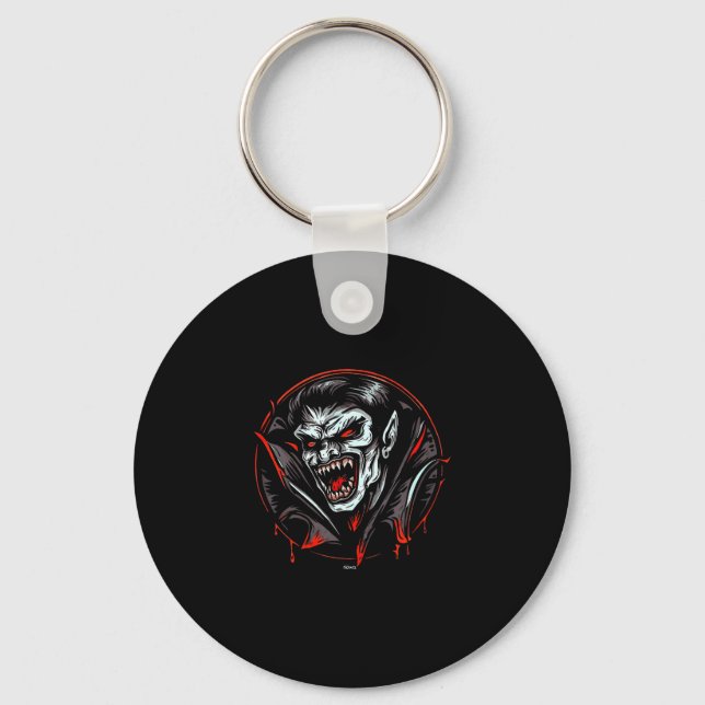 Scary vampire showing sharp teeth ready to bite key ring (Front)