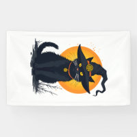Scary Vintage Black Cat with Witch Hat Full Moon -