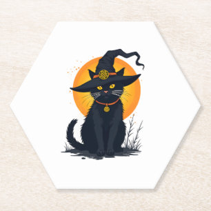 Scary Vintage Black Cat with Witch Hat Full Moon - Paper Coaster