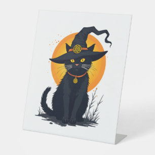 Scary Vintage Black Cat with Witch Hat Full Moon - Pedestal Sign