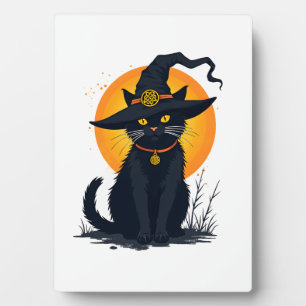 Scary Vintage Black Cat with Witch Hat Full Moon - Plaque