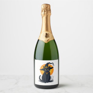 Scary Vintage Black Cat with Witch Hat Full Moon - Sparkling Wine Label