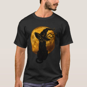 Scary Vintage Black Cat With Witch Hat Full Moon - T-Shirt
