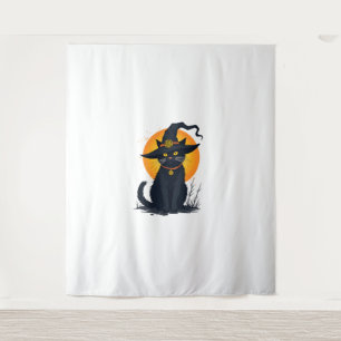 Scary Vintage Black Cat with Witch Hat Full Moon - Tapestry
