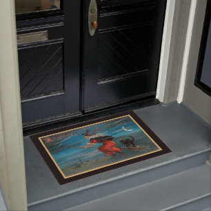 Scary Vintage Halloween Witch on Broomstick Doormat