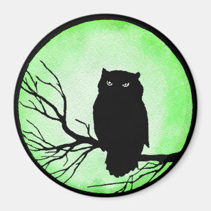 Scary Vintage Owl with Acid Green Watercolor Moon Magnet