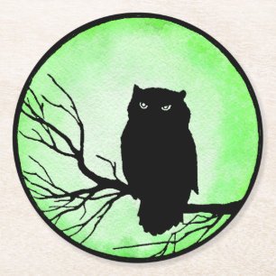 Scary Vintage Owl with Acid Green Watercolor Moon Round Paper Coaster