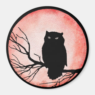 Scary Vintage Owl with Blood Red Watercolor Moon Magnet