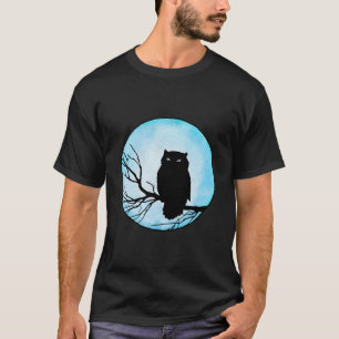 Scary Vintage Owl with Blue Watercolor Moon T-Shirt