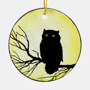 Scary Vintage Owl with Yellow Watercolor Moon Ceramic Ornament