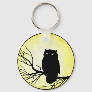 Scary Vintage Owl with Yellow Watercolor Moon Key Ring