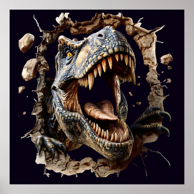 Scary Wall Breakout Dinosaur T-Rex Poster Print (Front)