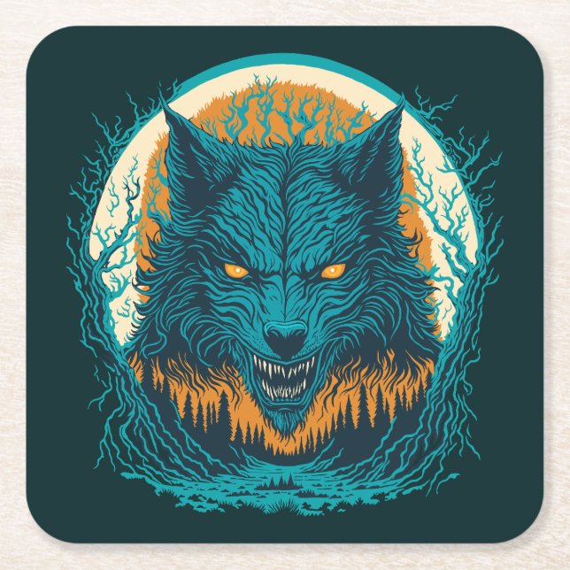 Scary Werewolf Square Paper Coaster (Front)