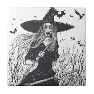 Scary Witch and Black Bats  Ceramic Tile