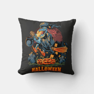 Scary Witch On a Broom   Cushion