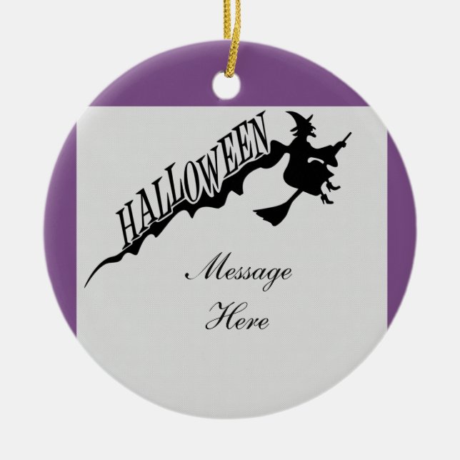 Scary Witch Riding Broom Halloween Thunder_Cove Ceramic Ornament (Front)