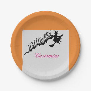 Scary Witch Riding Broom Halloween Thunder_Cove Paper Plate