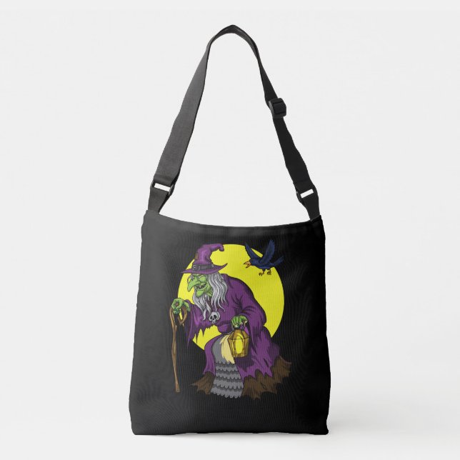 Scary Witch Spooky Raven Halloween Crossbody Bag (Front)