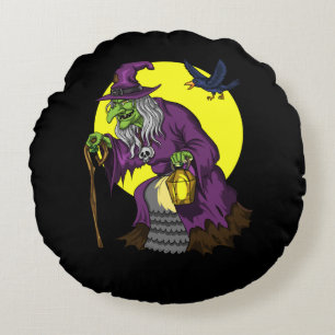 Scary Witch Spooky Raven Halloween Round Cushion