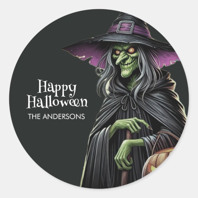 Scary Witch Themed Halloween  Classic Round Sticker (Front)