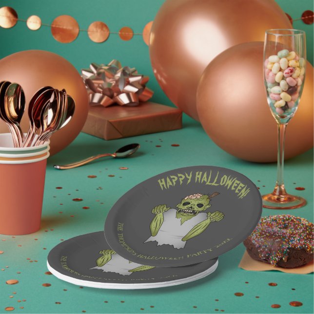 Scary Zombie Personalizable Halloween Event Text Paper Plate (Multi)