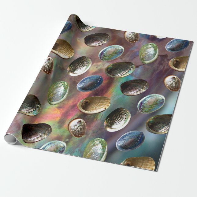 Scattered 3D Paua Shells on Paua Background Wrapping Paper (Unrolled)