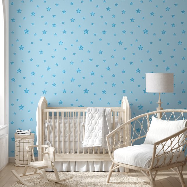 Scattered Baby Blue Stars on Light Blue Colour Wallpaper (Kids)