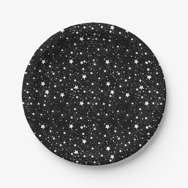 Scattered Black and White Stars Paper Plate (Front)
