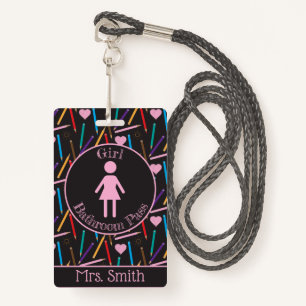 Scattered Colour Pencils Girl Bathroom Pass Badge ID Badge