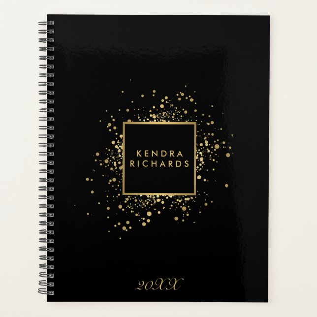 Scattered Faux Gold Confetti on Black Appointment  Planner (Front)