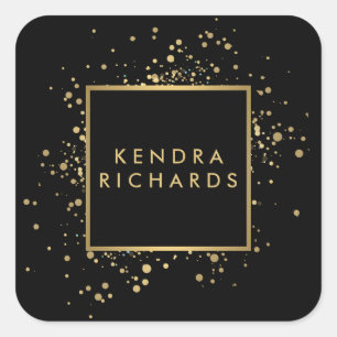 Scattered Faux Gold Confetti on Modern Black Square Sticker