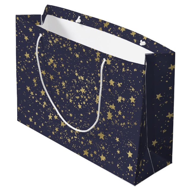 Scattered Gold Navy Blue Stars Large Gift Bag (Back Angled)