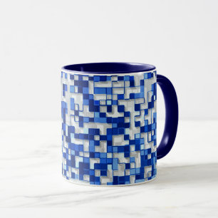 Scattered many small squares, shades of blue white mug