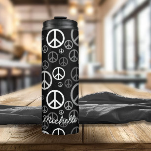 Scattered Peace Signs Black and White SPST Thermal Tumbler
