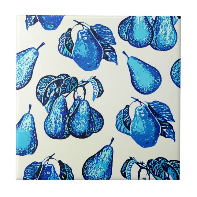 Scattered Pear Print in Indigo Blue and White  Ceramic Tile (Front)