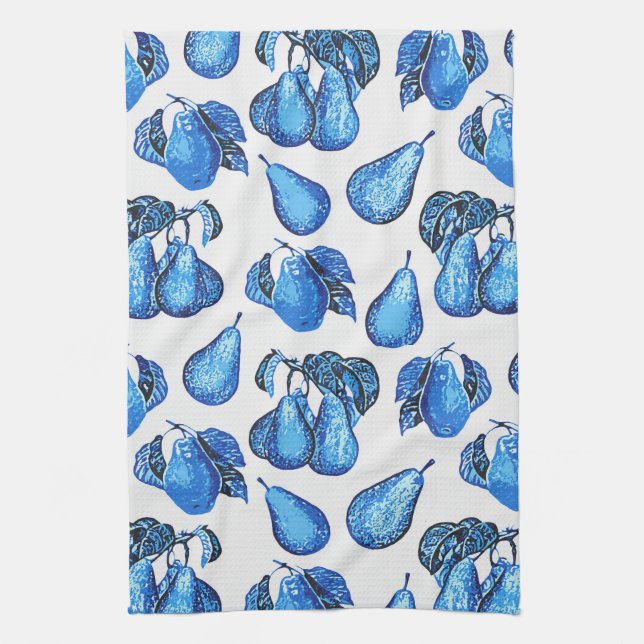 Scattered Pear Print in Indigo Blue and White  Tea Towel (Vertical)