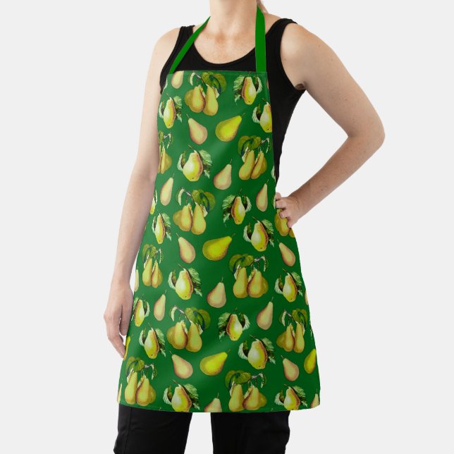 Scattered Pear Print on Emerald Green Apron (Insitu)