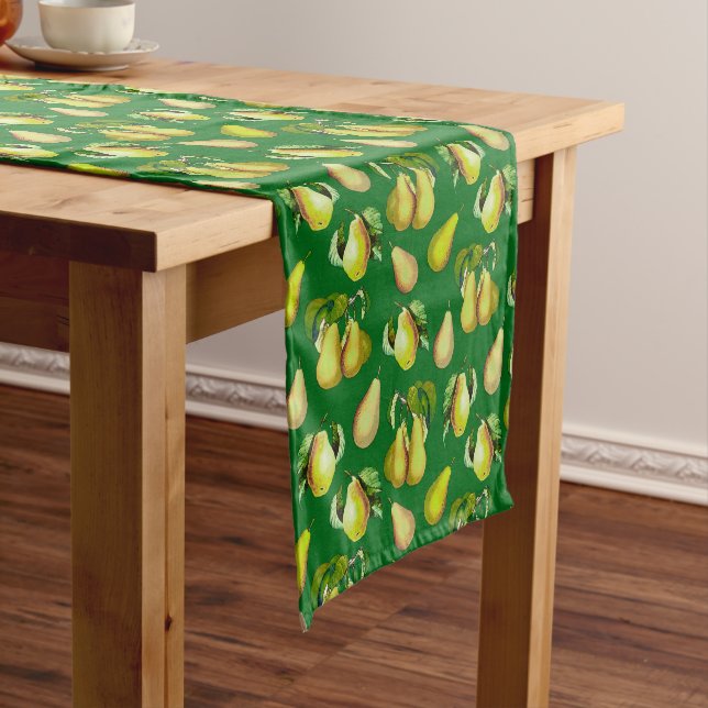 Scattered Pear Print on Emerald Green Short Table Runner (In Situ)