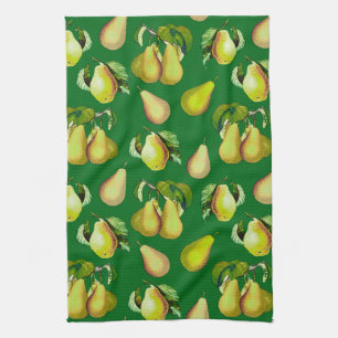 Scattered Pear Print on Emerald Green Tea Towel