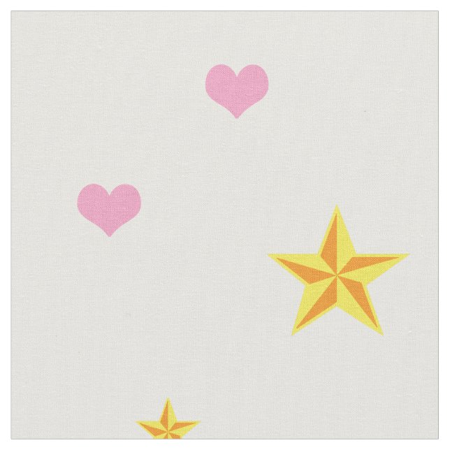 Scattered Pink Hearts and Golden Yellow Stars Fabric (Close Up)