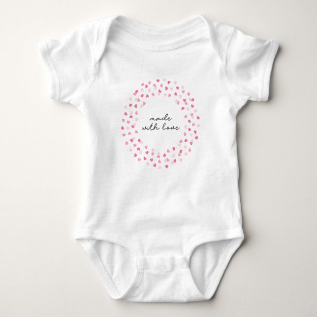 Scattered Pink Hearts Confetti Made with Love Baby Bodysuit (Front)