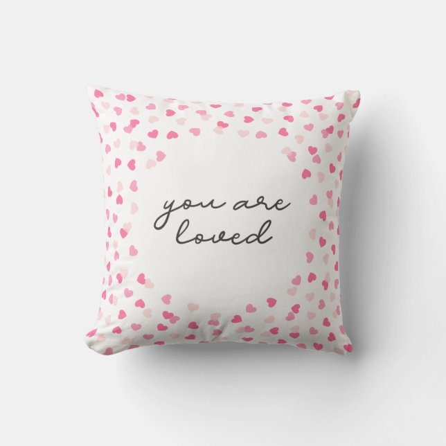 Scattered Pink Hearts Confetti You are Loved Cushion (Front)