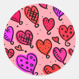 Scattered Red and Pink Hearts Scribble Pattern Classic Round Sticker