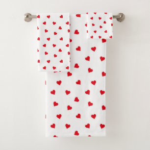 Scattered Red Heart Pattern on White Bath Towel Set