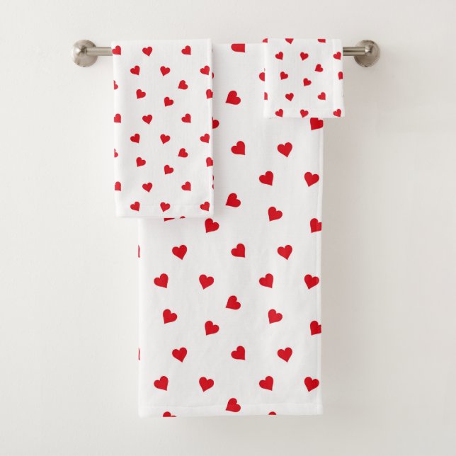 Scattered Red Heart Pattern on White Bath Towel Set (Insitu)